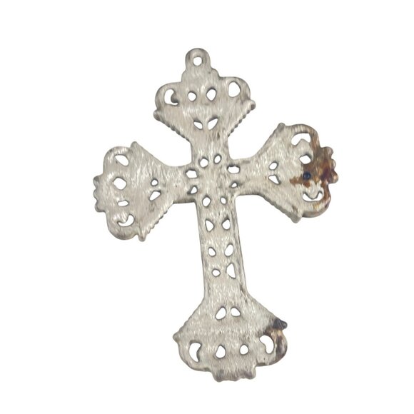 Vintage Florentine Filigree Cross Pendant 3.5" Silver-Tone Metal Religious Ornam - Picture 4 of 6